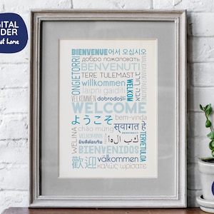 Welcome in Different Languages Printable Poster - Blue - Digital Download