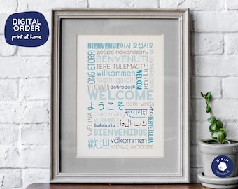 Bienvenida en diferentes idiomas Póster imprimible - Azul - Descarga digital
