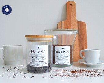 Tea and Coffee Labels - Customizable Square Stickers - Water & oil resistant - Kitchen Organization
