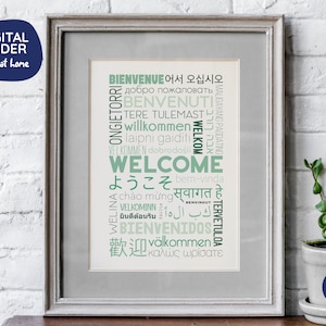 Welcome in Different Languages Printable Poster - Green - Digital Download