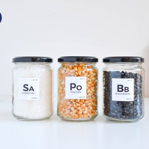 Chemical Element Pantry Labels - Customizable Square Stickers - Water & oil resistant - Kitchen Organization