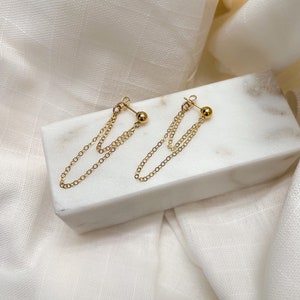 Dainty 14K Gold Fill Double Chain Drop Stud Earrings, Front Back Earrings, Hanging Chain Stud Earrings, Chain Loop Earrings