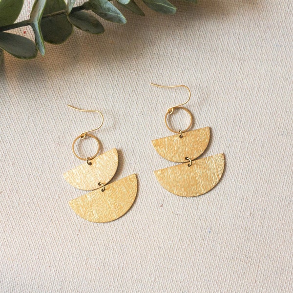 Brass Half Moon Earrings in 14K Gold Filled or Titanium Earring Wires, Bridal Earrings Chandelier, Sculptural Half Circle Earrings Layered