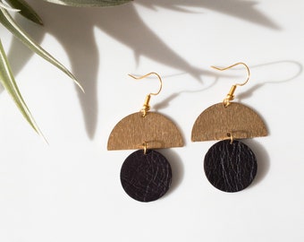 Leather Circle & Brushed Brass Half Circle Earrings, Leather and Brass Earrings in Gold Fill or Titanium Earring Hook, Modern Boho Jewelry