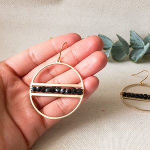 Black Agate Earrings in Gold Filled or Titanium Earring Wires, Black Gem Agate Hoop Earrings, Black Agate Hoops, Agate Statement Earrings