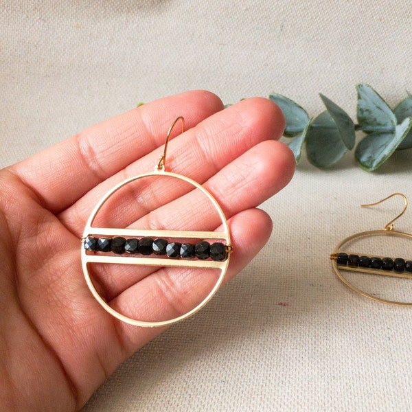 Black Agate Earrings in Gold Filled or Titanium Earring Wires, Black Gem Agate Hoop Earrings, Black Agate Hoops, Agate Statement Earrings