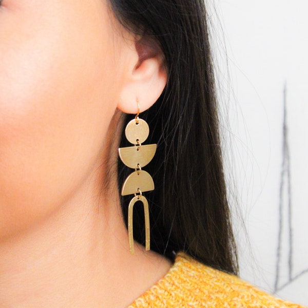 Modern Aesthetic Earrings in 14K Gold Filled or Titanium Ear Wire, Geometric Long Brass Earrings, Brass Earrings, U Shape Half Moon Earrings