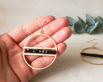 Black Agate Earrings in Gold Filled or Titanium Earring Wires, Black Gem Agate Hoop Earrings, Black Agate Hoops, Agate Statement Earrings