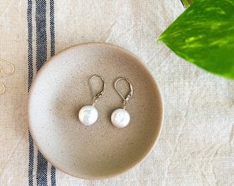 Freshwater Coin Pearl Earrings 14k Gold Filled Leverback, Real Pearl Earrings, Bridal Drop Pearl Earrings, Coin Pearl Leverback Earrings