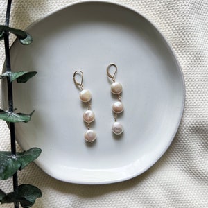 Long Gold Filled & Freshwater Coin Pearl Drop Earrings, Modernist Pearl Earrings, Large Pearl Drop Earrings, Long Bridal Earrings 3 Pearls