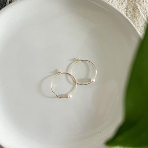 Real Pearl Earrings on Small 14K Gold Filled Hoop, White Freshwater Pearl Hoop Earrings, 14K Gold Filled Hoop Pearl Drop Earrings