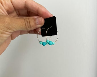 Gemstone Turquoise Hoop Earrings in 14K Gold Fill Hoop, Turquoise Ball Earrings, Turquoise Wedding Earrings Hoops