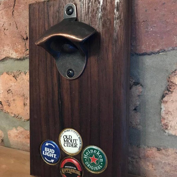 Magnetic wooden wall mounted bottle opener