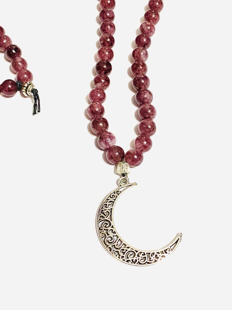 Celestial Theme Long Beaded Moon Necklace Witchy Vibes Tiger Eye Garnet Gemstone