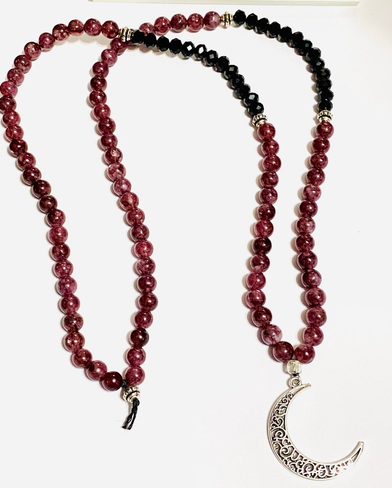 Celestial Theme Long Beaded Moon Necklace Witchy Vibes Tiger Eye Garnet Gemstone