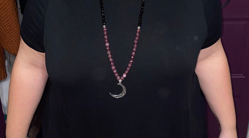Celestial Theme Long Beaded Moon Necklace Witchy Vibes Tiger Eye Garnet Gemstone