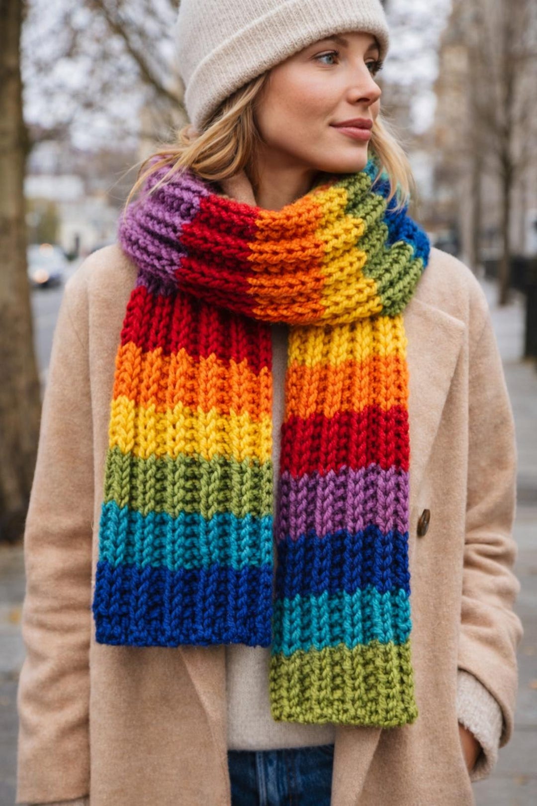 Chunky Hand Knit Rainbow Scarf – Cozy Statement Winter Wrap– Handmade ...