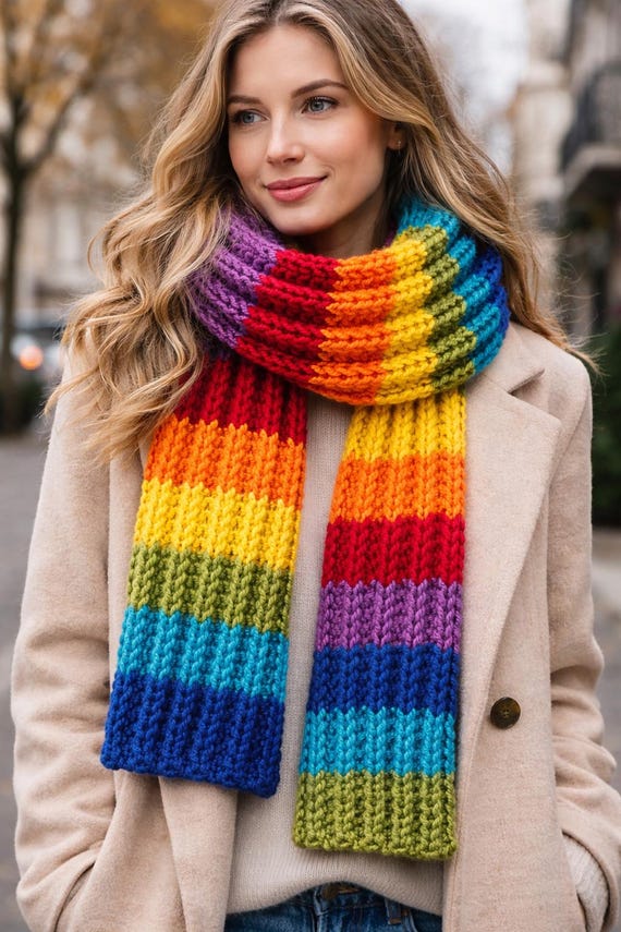 Chunky Hand Knit Rainbow Scarf – Cozy Statement Winter Wrap  display picture 1