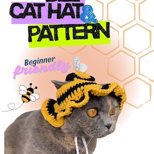 Patrón de gorro para gato, diseño de abeja a crochet con orificios para las orejas / Descarga en PDF