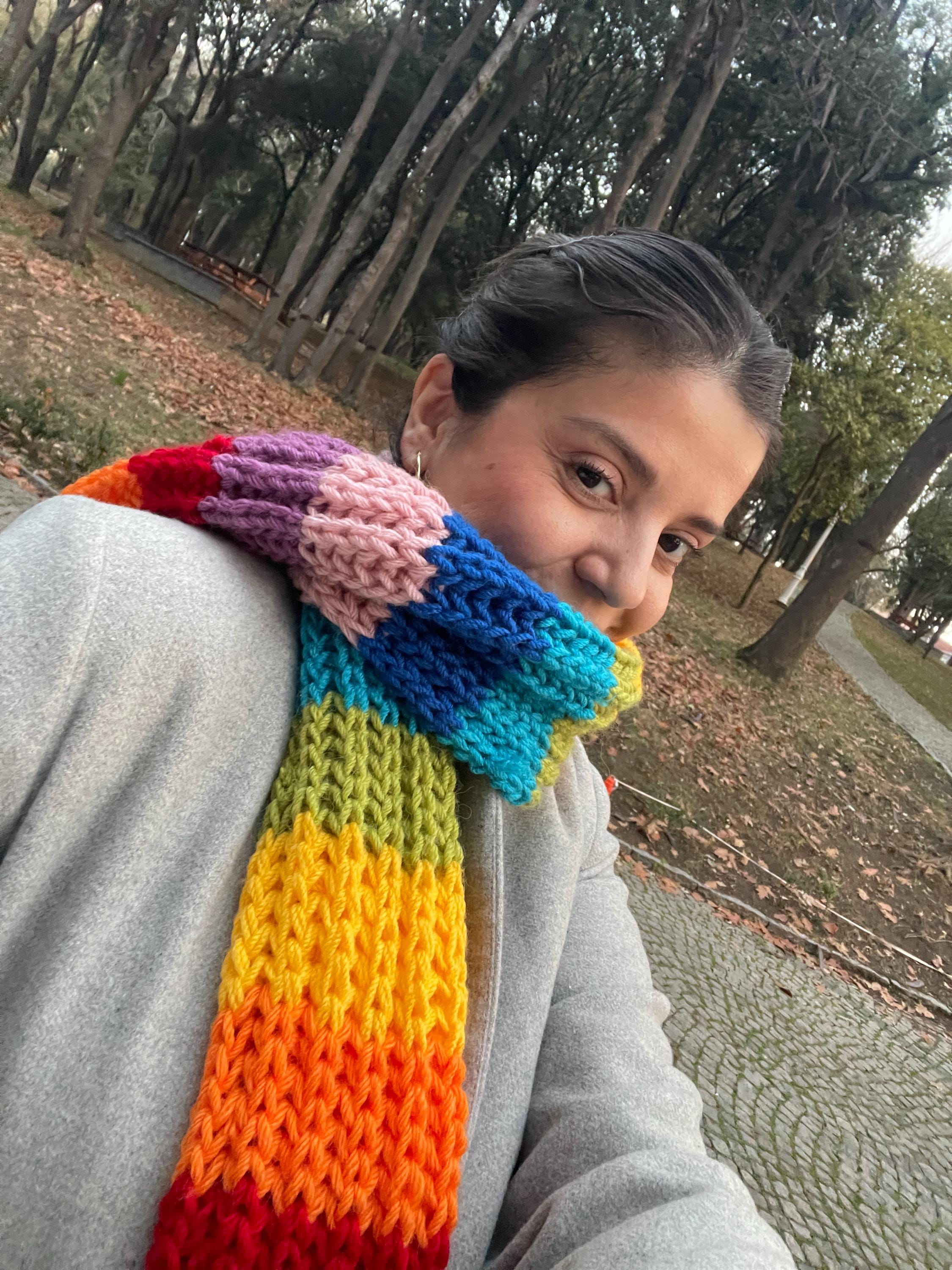 Chunky Hand Knit Rainbow Scarf – Cozy Statement Winter Wrap 