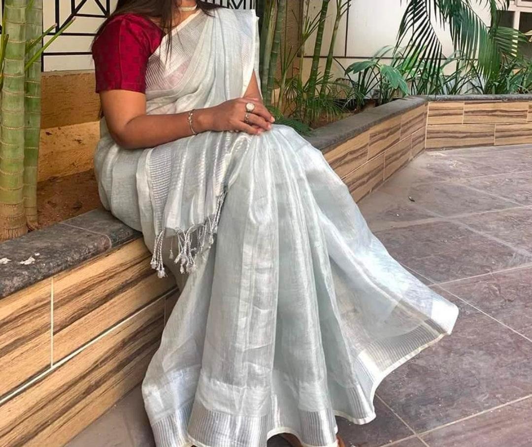 Silver Beautiful Tissue Linen Saree Elegant Designer Fabric - Etsy