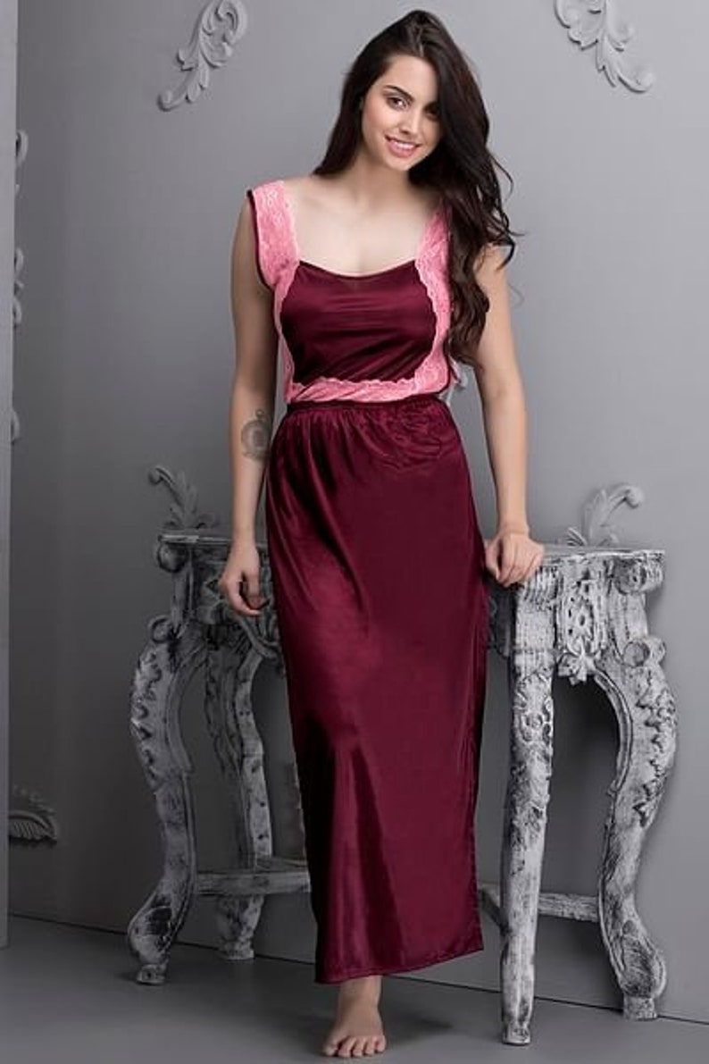 Maroon Free Size Satin Nightwear Women Sexy nighty Solid | Etsy