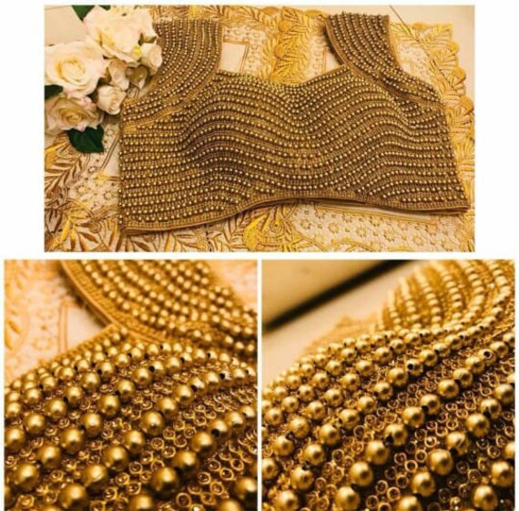 Heavy Golden Readymade Wedding Party Wear Zircon /& Bugle Glass Beads Work Blouse Choli Stitched Top Saree Marriage Tunic Sari for Women