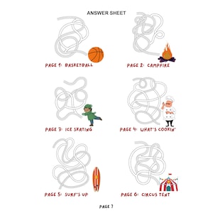 May include: Answer sheet for a maze book with six different mazes. Each maze has a different theme, including basketball, campfire, ice skating, cooking, surfing, and a circus tent.