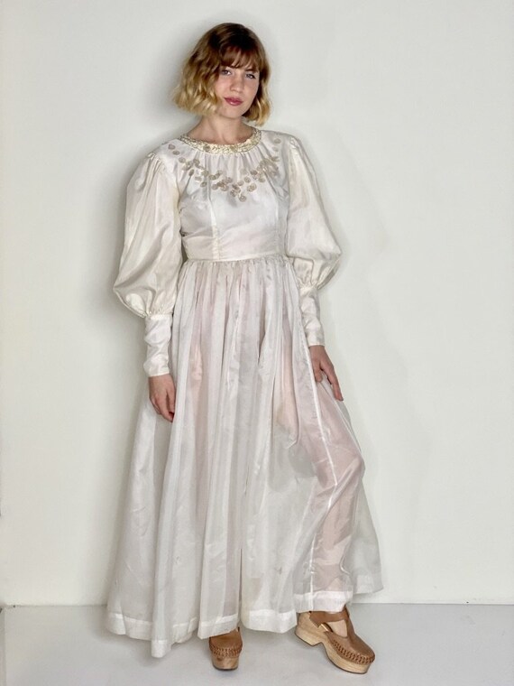 Beaded White Evening Gown with Puff Sleeves 1970s