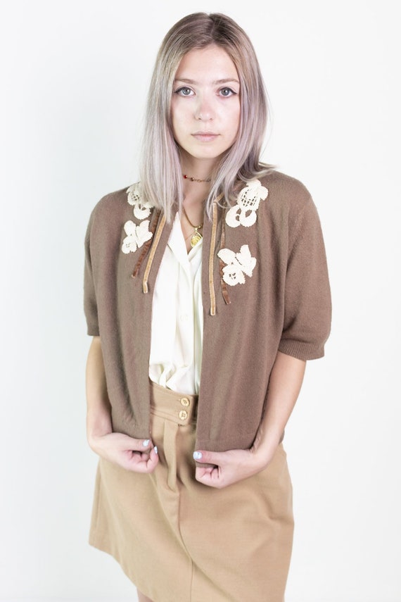 Brown Short Sleeve Cardigan w/ Cream Embroidery &
