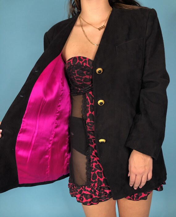 Black Suede Blazer with Hot Pink Silk Lining and G