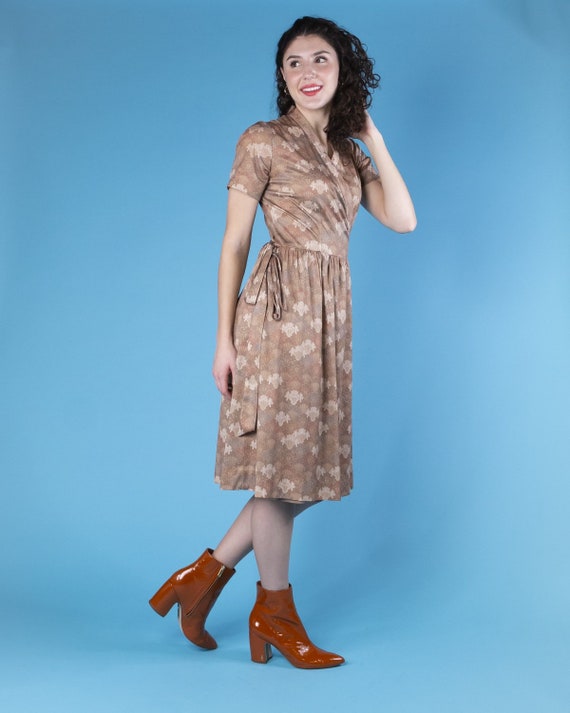Beige and Cream Printed Wrap Dress 1970s