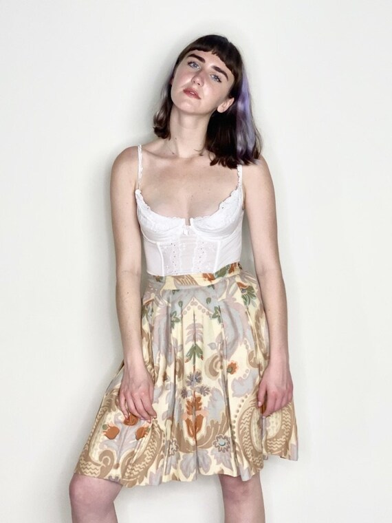 Neutral Pleated Floral Print Skirt 1980s