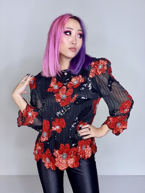 Black Silk Beaded Evening Top with Red Poppies & S