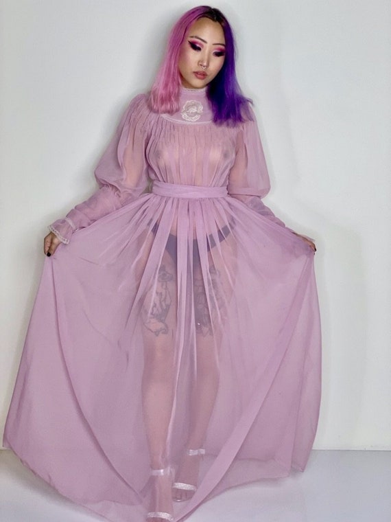Lavender Transparent Maxi Peasant Dress 1970s