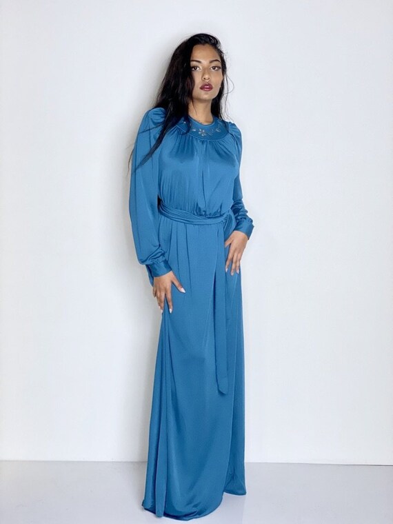 Peacock Blue Long Sleeve Maxi Dress 1970s