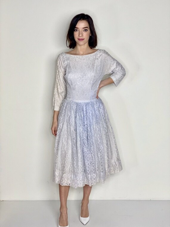 Light Blue Lace Tea Length Dress 1950s