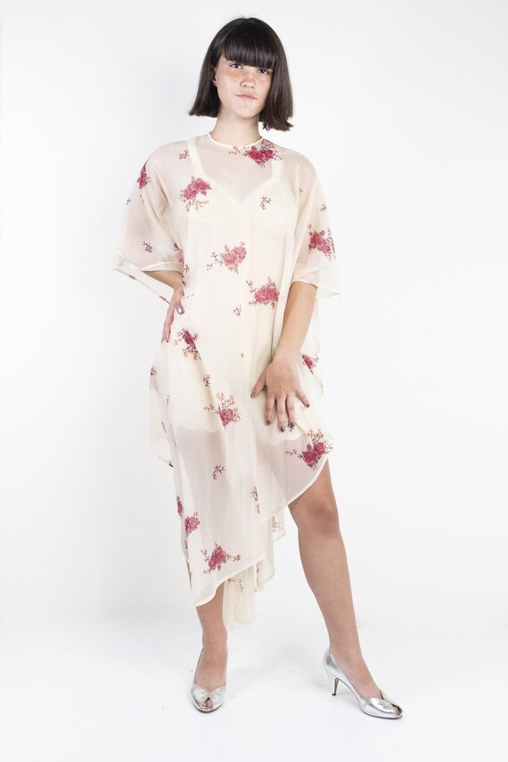 Cream and Pink Floral Sheer Boho Kaftan Dress 1970