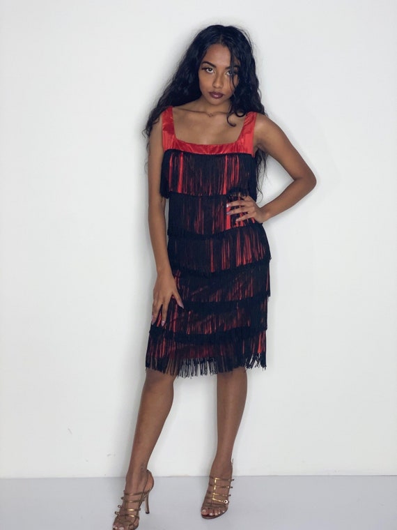 Handmade Red Flapper Dress w Black Fringe 1950s do