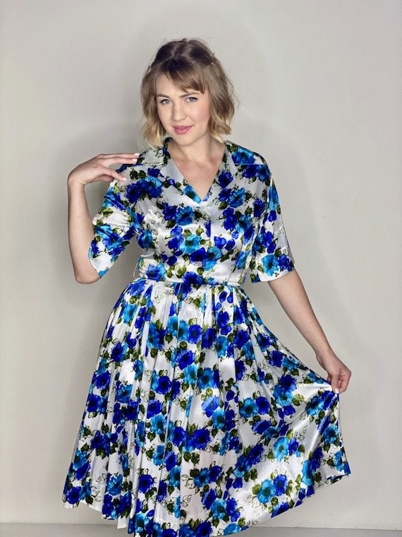 Blue Floral Stain Shirtdress 1950s