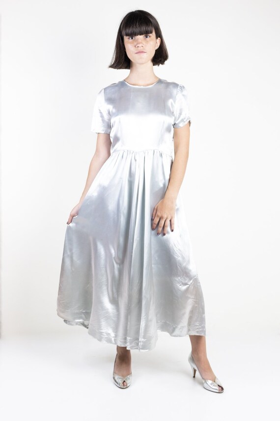 Silver Liquid Satin Midi Dress with Cap Sleeves 19
