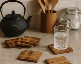 Posavasos de madera oscura quemada (juego de 4) – Juego de posavasos con caja