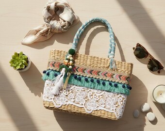 Bolso de mimbre turquesa - Bolso de playa bohemio de paja tejido con encaje artesanal