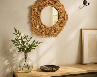 Honig Makramee Stern Wandspiegel - Handgeknüpfte runde Boho Dekorative Faser Kunst für Eingangsbereich & Schlafzimmer