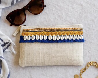Bolso de mano de yute con flecos y cuentas – Bolso de mano bohemio con conchas
