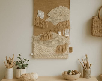 Tapiz de pared de lana con mechones – Tapiz textil artístico estilo boho pastel con flecos