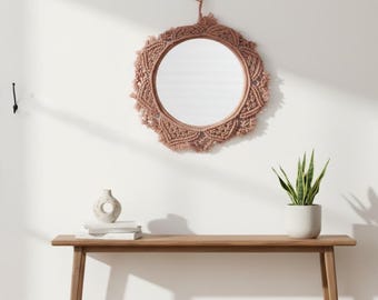 Terra Brauner Makramee Wandspiegel - Handgeknüpfter runder Boho dekorativer hängender Schlafzimmer-Akzent