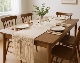 Off-White Macrame Table Runner - Hand-Knotted Fringed Border Cotton Boho Dining Decor, Wedding Tabletop Gift