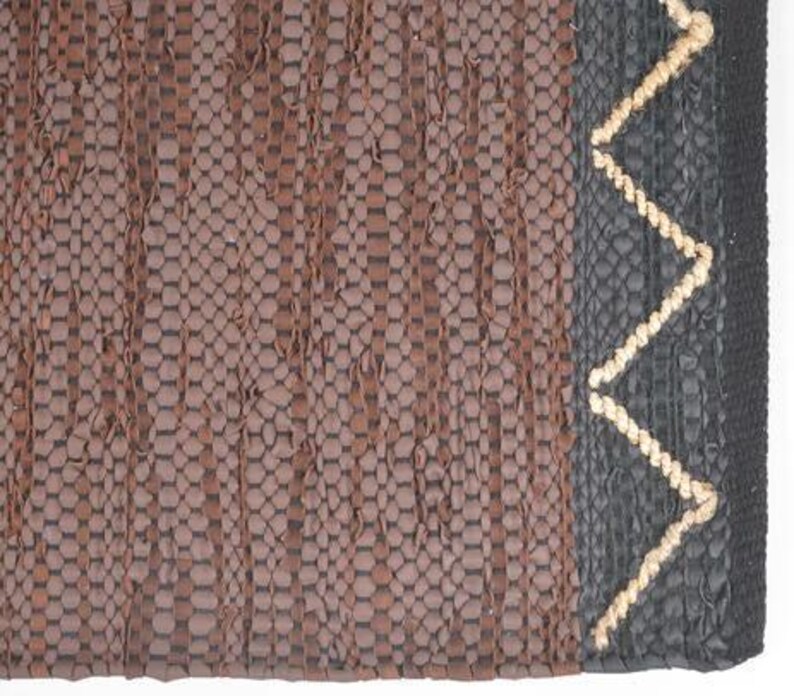 Handwoven Cotton Abstract Brown Durry – Artisan Chevron & Stripe Rug in Leather, Jute & Cotton