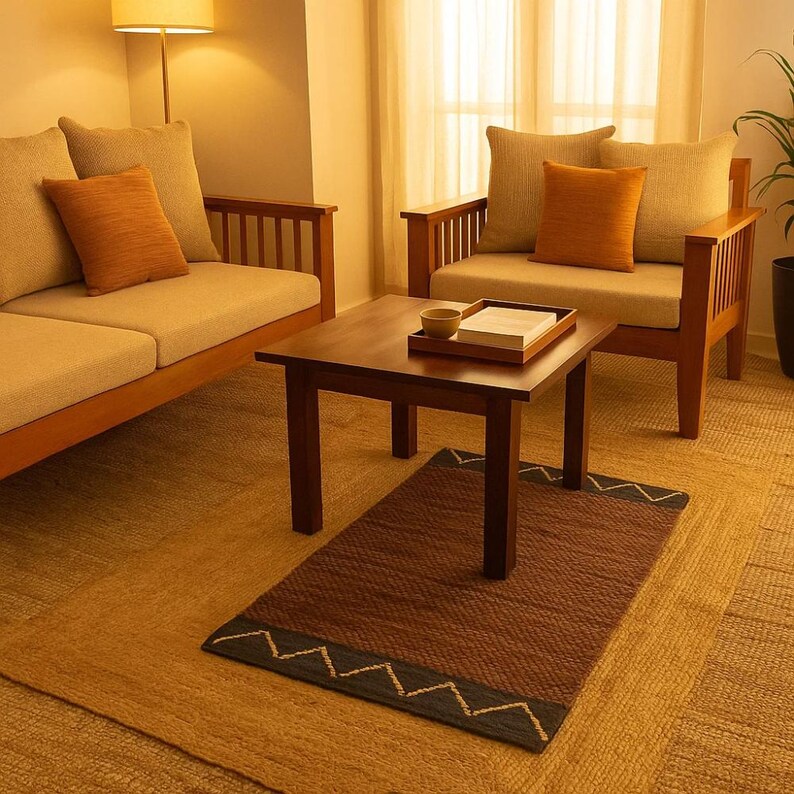 Handwoven Cotton Abstract Brown Durry – Artisan Chevron & Stripe Rug in Leather, Jute & Cotton